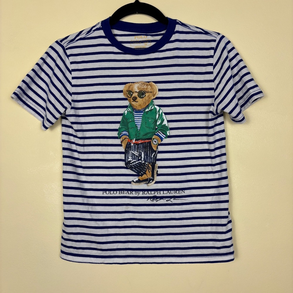 POLO RALPH LAUREN Bear Striped 100% Cotton Tee Blue/White Kids Size Small Casual - Picture 2 of 8